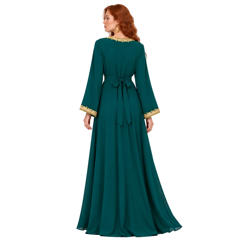 Emerald Green Gold Embroidered Lebaran Kaftan-4
