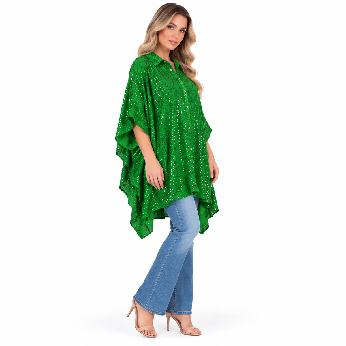 Elegant Emerald Green Sequin Kaftan Top-2