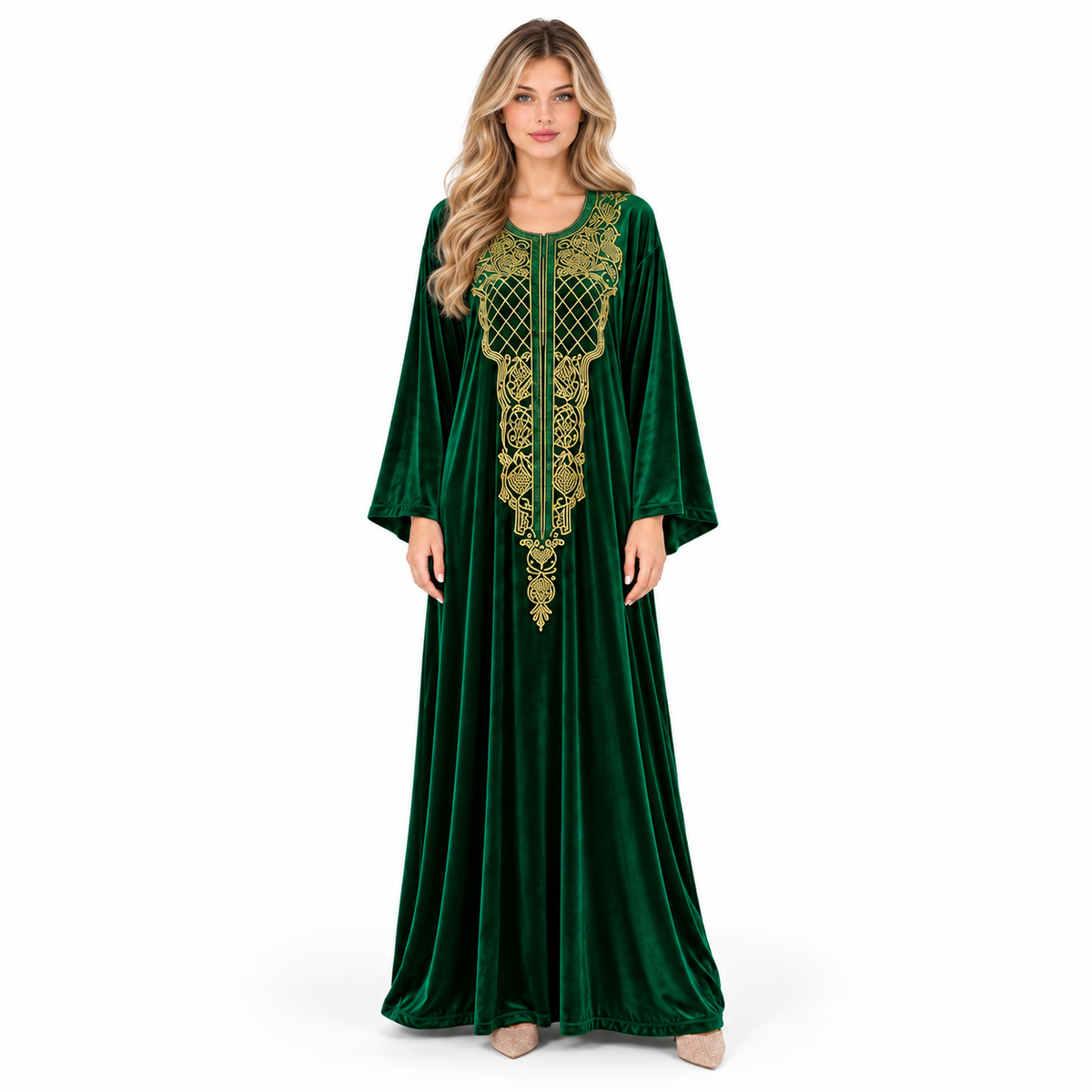 Emerald Green Velvet Kaftan Gold Embroidery-1