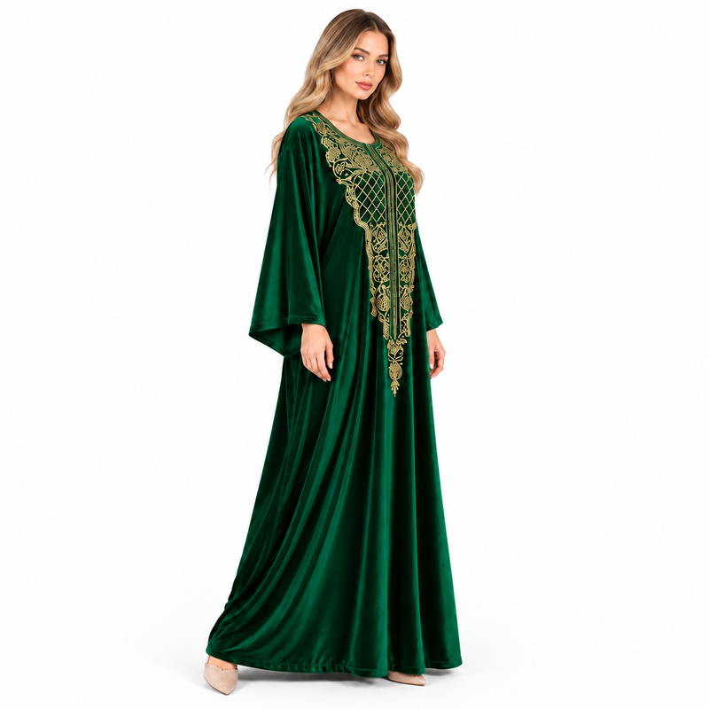 Emerald Green Velvet Kaftan Gold Embroidery-3