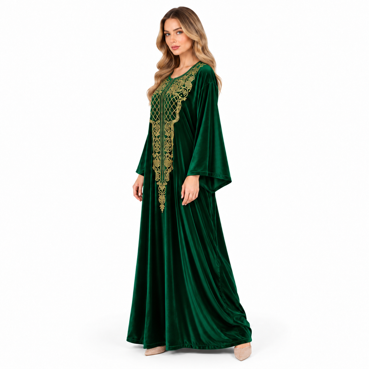 Emerald Green Velvet Kaftan Gold Embroidery-2