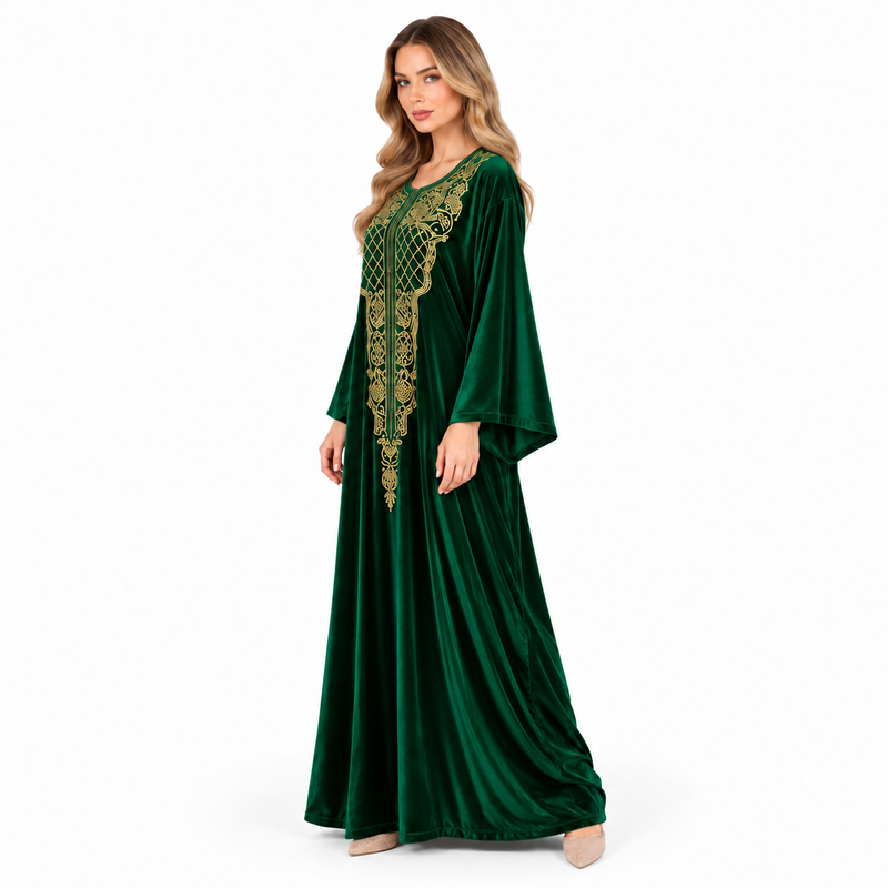 Emerald Green Velvet Kaftan Gold Embroidery-2