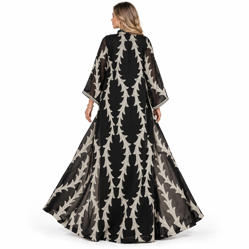 Elegant Black Silver Embroidered Gamis Kaftan-4