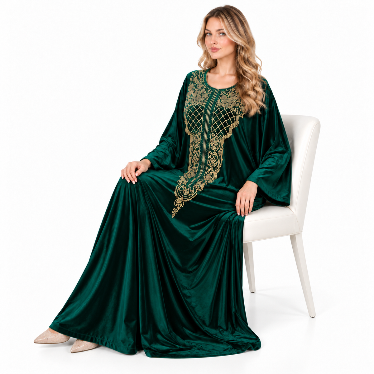 Dark Green Velvet Kaftan Gold Embroidery-3