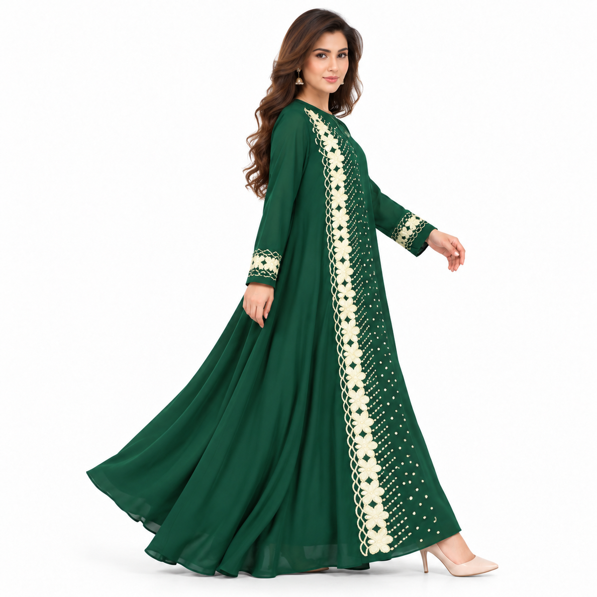 Elegant Emerald Green Pakistani Embroidered Kaftan-3