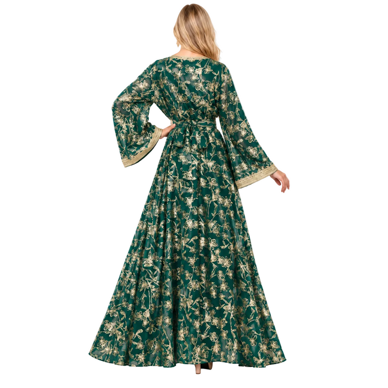 Emerald Green Gold Embroidered Moroccan Kaftan-4