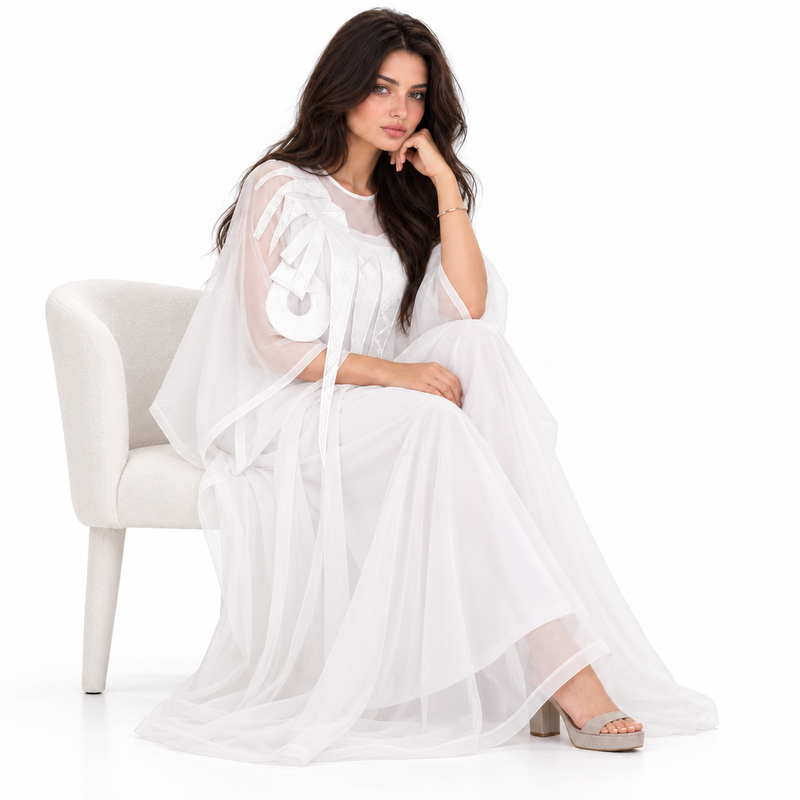 White Kaftan Elegant Sheer Layered Design-3