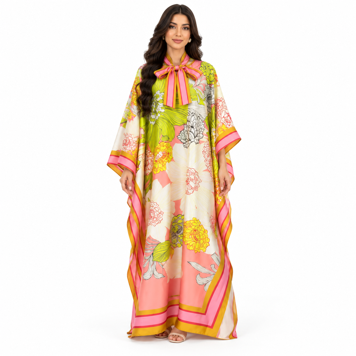 Elegant Floral Print Satin Maxi Kaftan-1