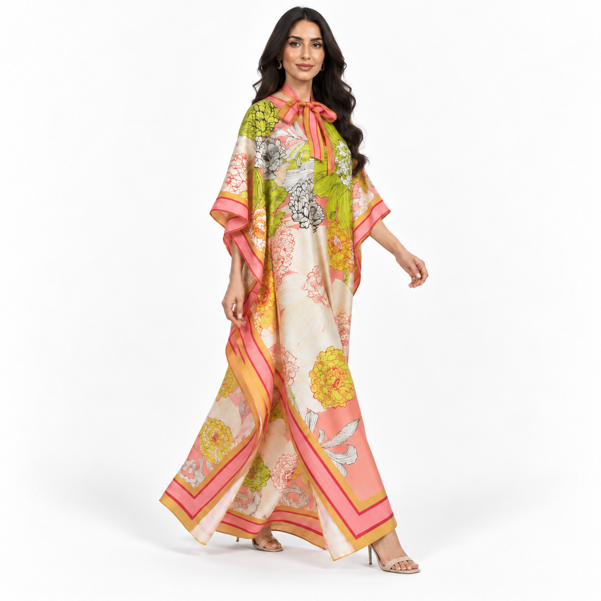 Elegant Floral Print Satin Maxi Kaftan-3