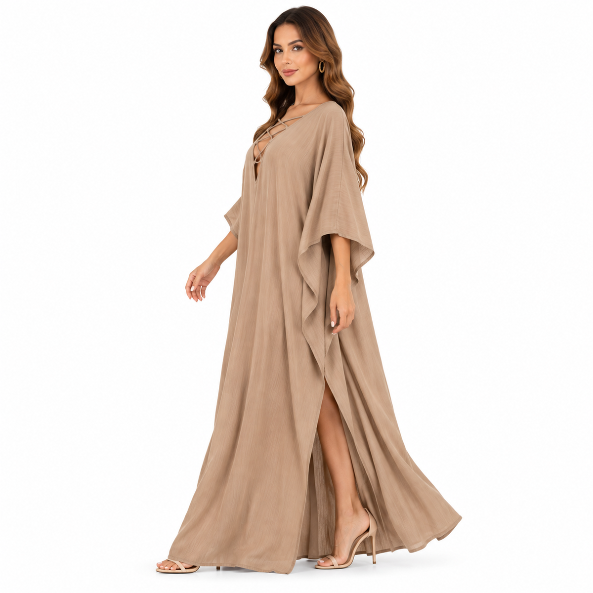 Taupe Lace-Up Flowing Kaftan Maxi Dress-2