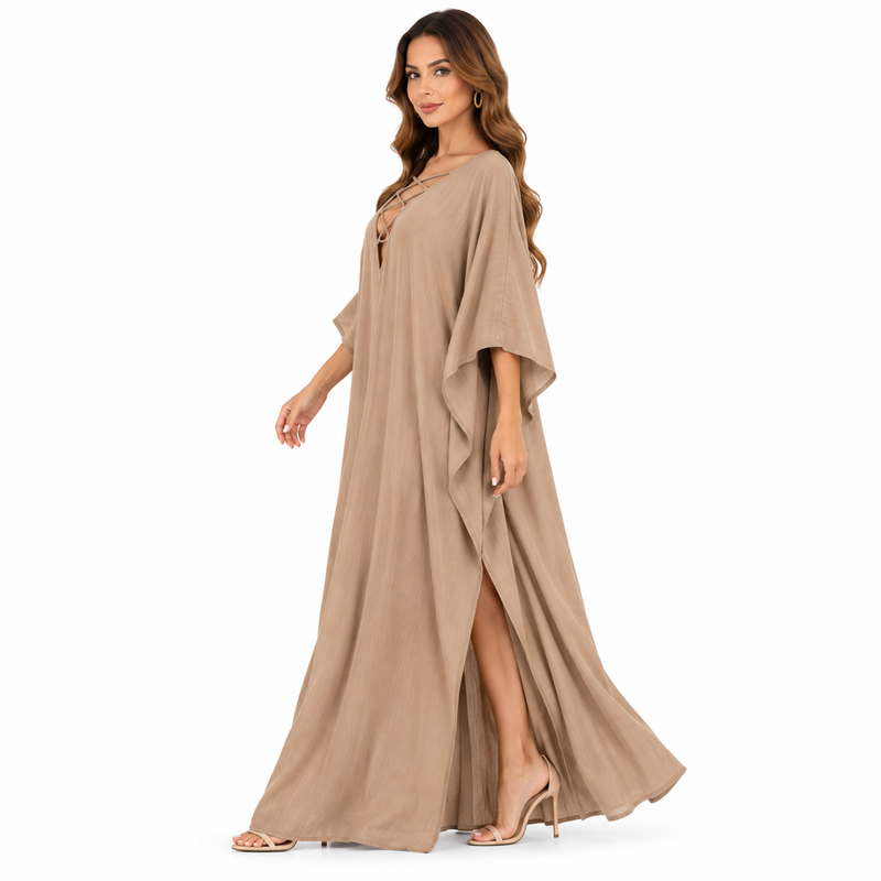 Taupe Lace-Up Flowing Kaftan Maxi Dress-2