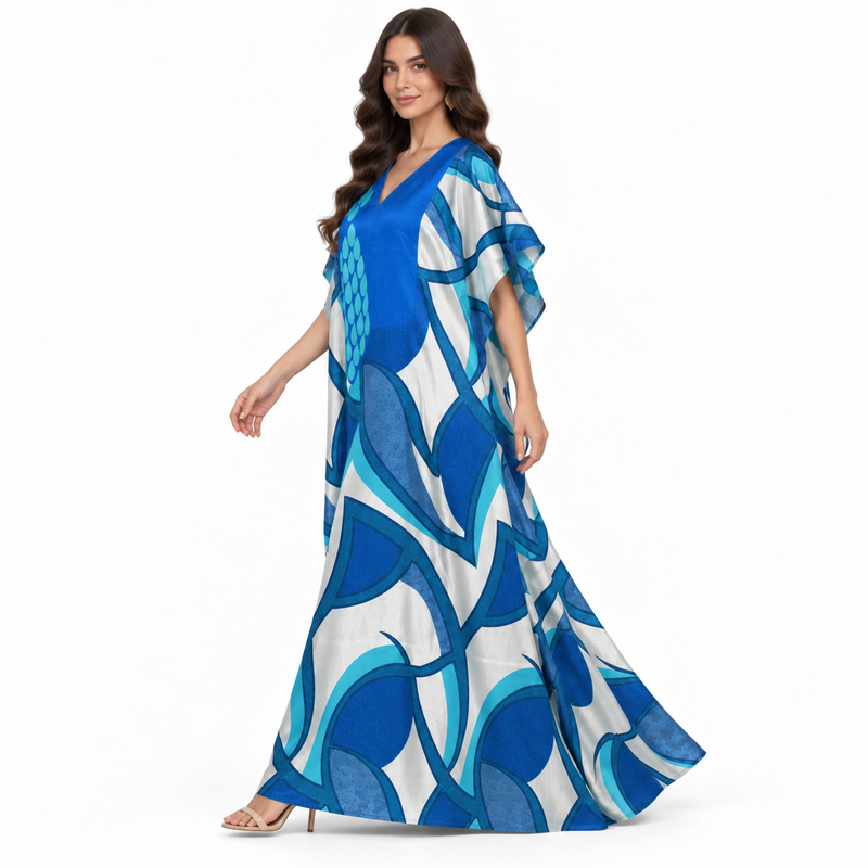Blue Abstract Print Flowing Kaftan Dress-2