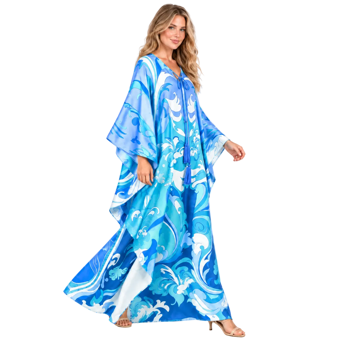 Ocean Blue Printed Silk Satin Kaftan-2