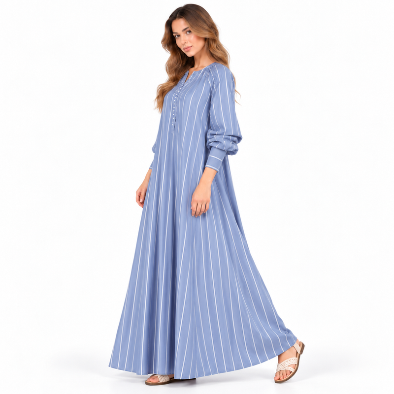 Cotton Kaftan Elegant Blue Striped Dress-2