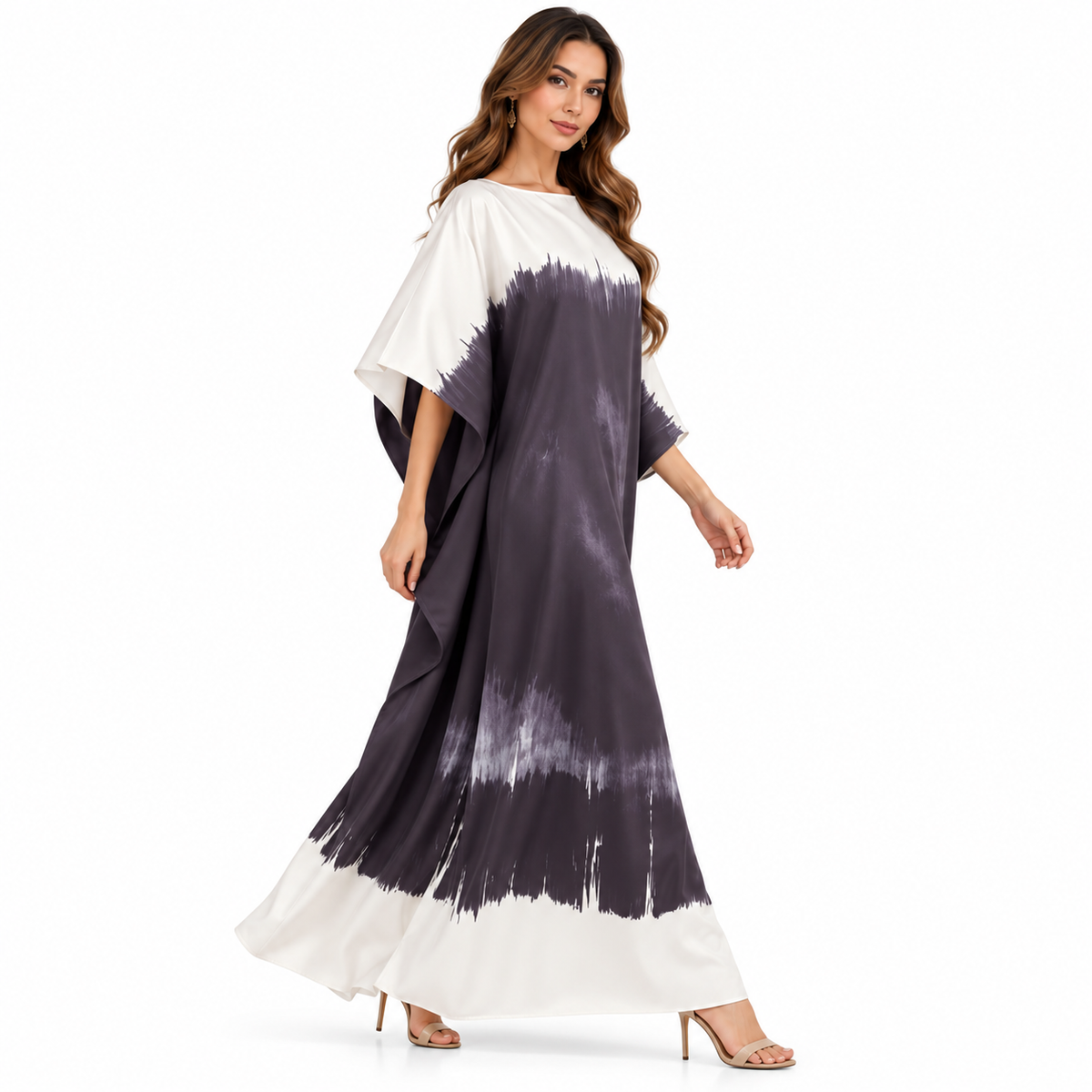 Off White Charcoal Brushstroke Kaftan Dress-3
