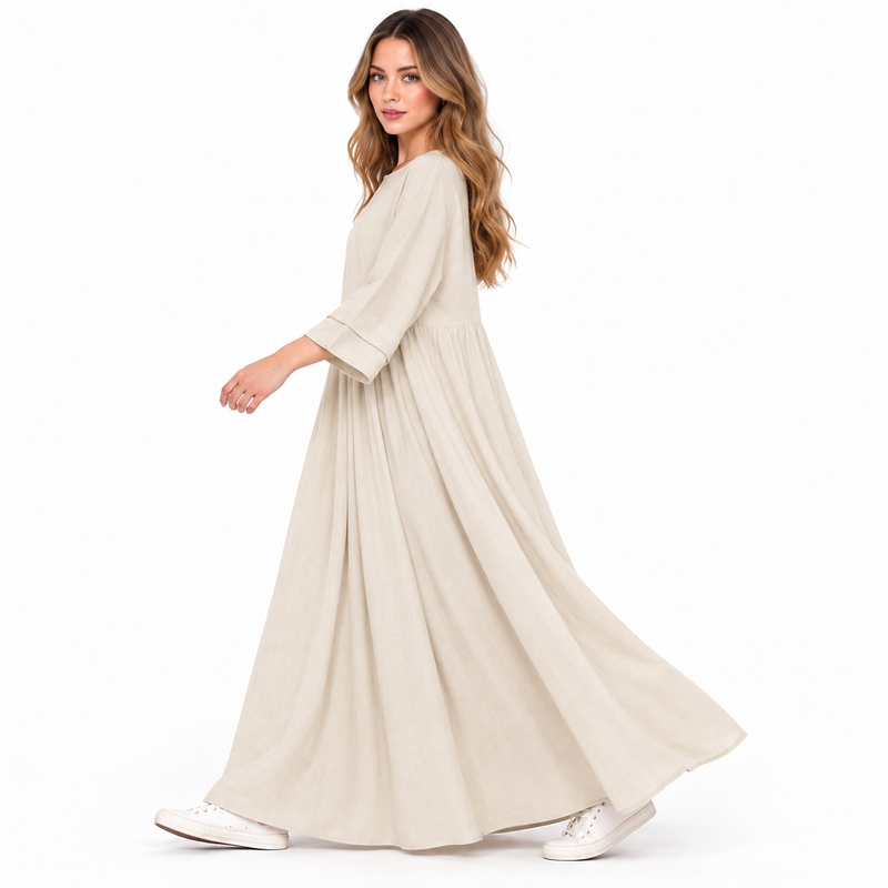 Elegant Beige Cotton Kaftan Maxi Dress-2