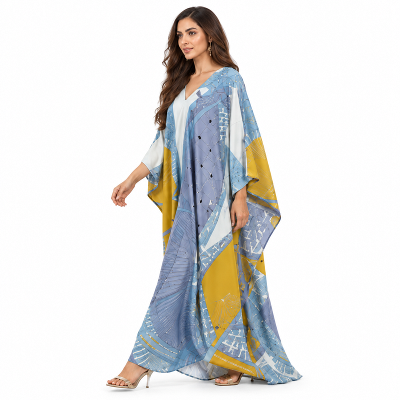 Blue Mustard Geometric Print Flowing Kaftan-3