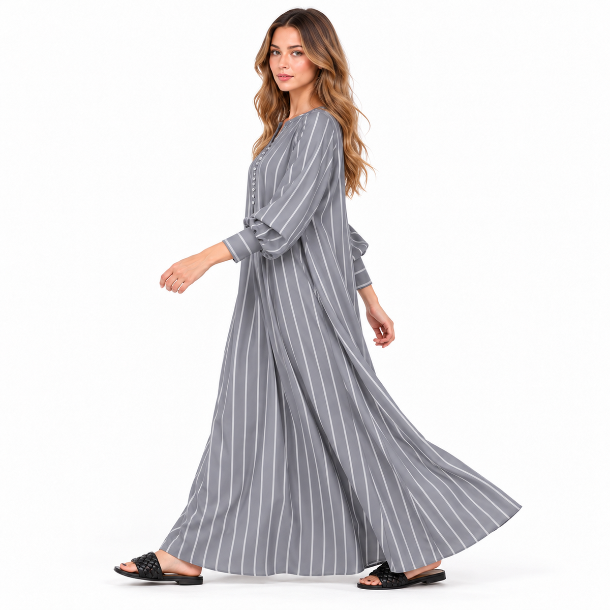 Elegant Grey Striped Cotton Kaftan Dress-3