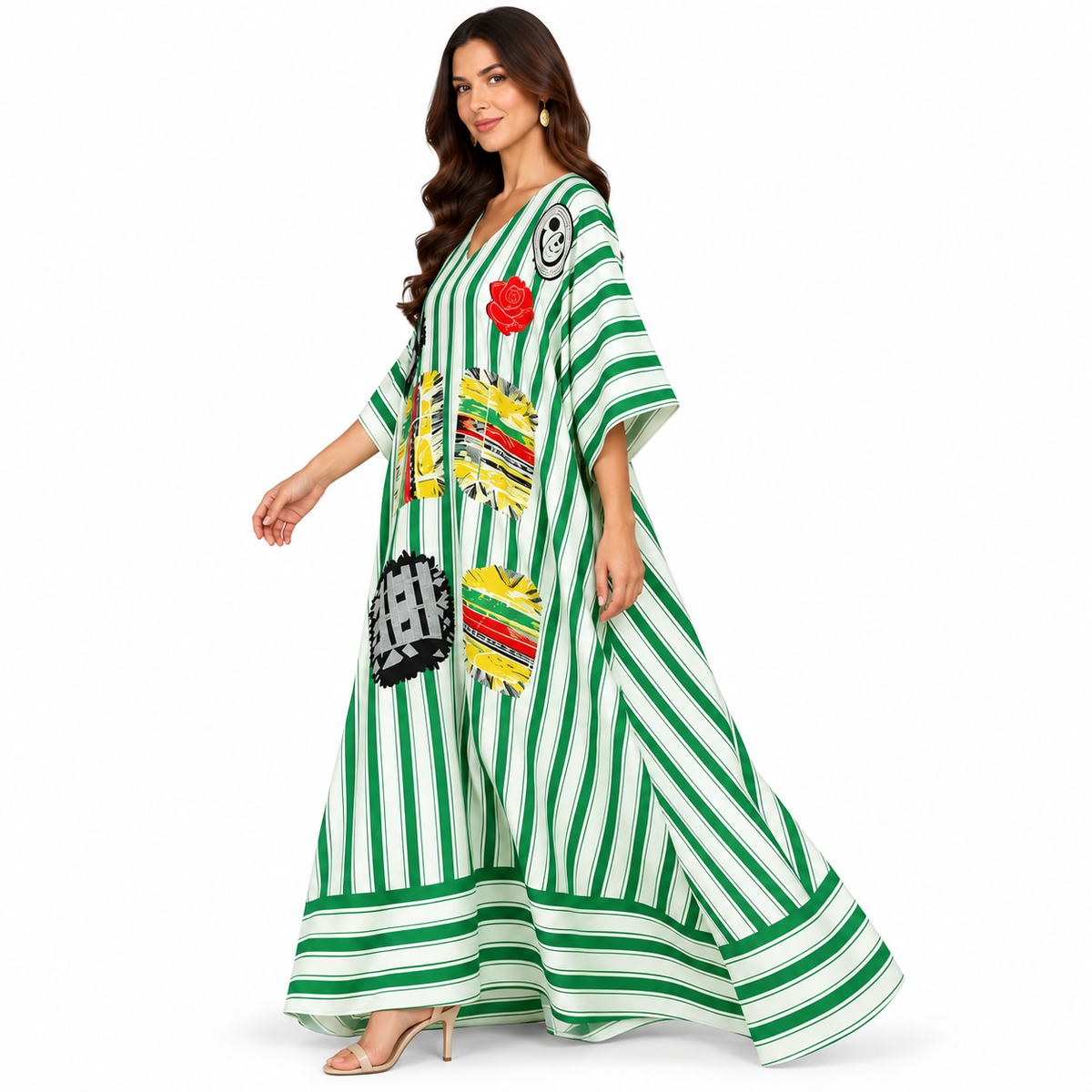Green White Striped Artistic Women’s Kaftan-3