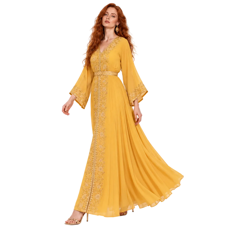 Mustard Yellow Gold Embroidered Kaftan Lebaran-3
