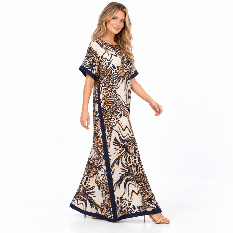 Dark Grey Leopard Print Silk Satin Kaftan-2