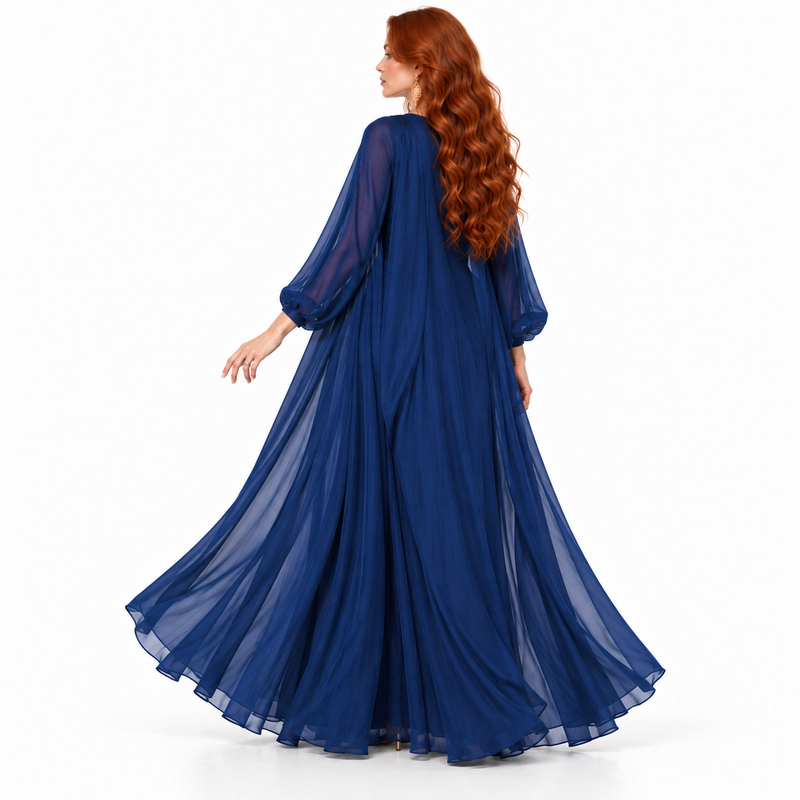 Elegant Dark Blue Flowing Lebaran Kaftan-4