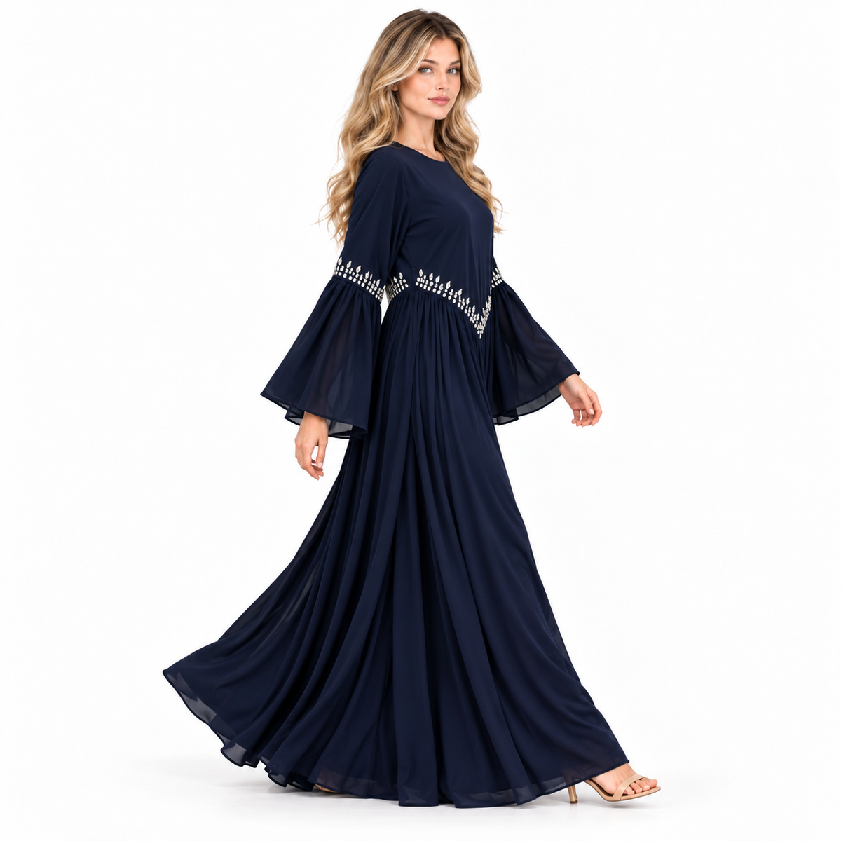 Elegant Navy Blue Velvet Embroidered Kaftan