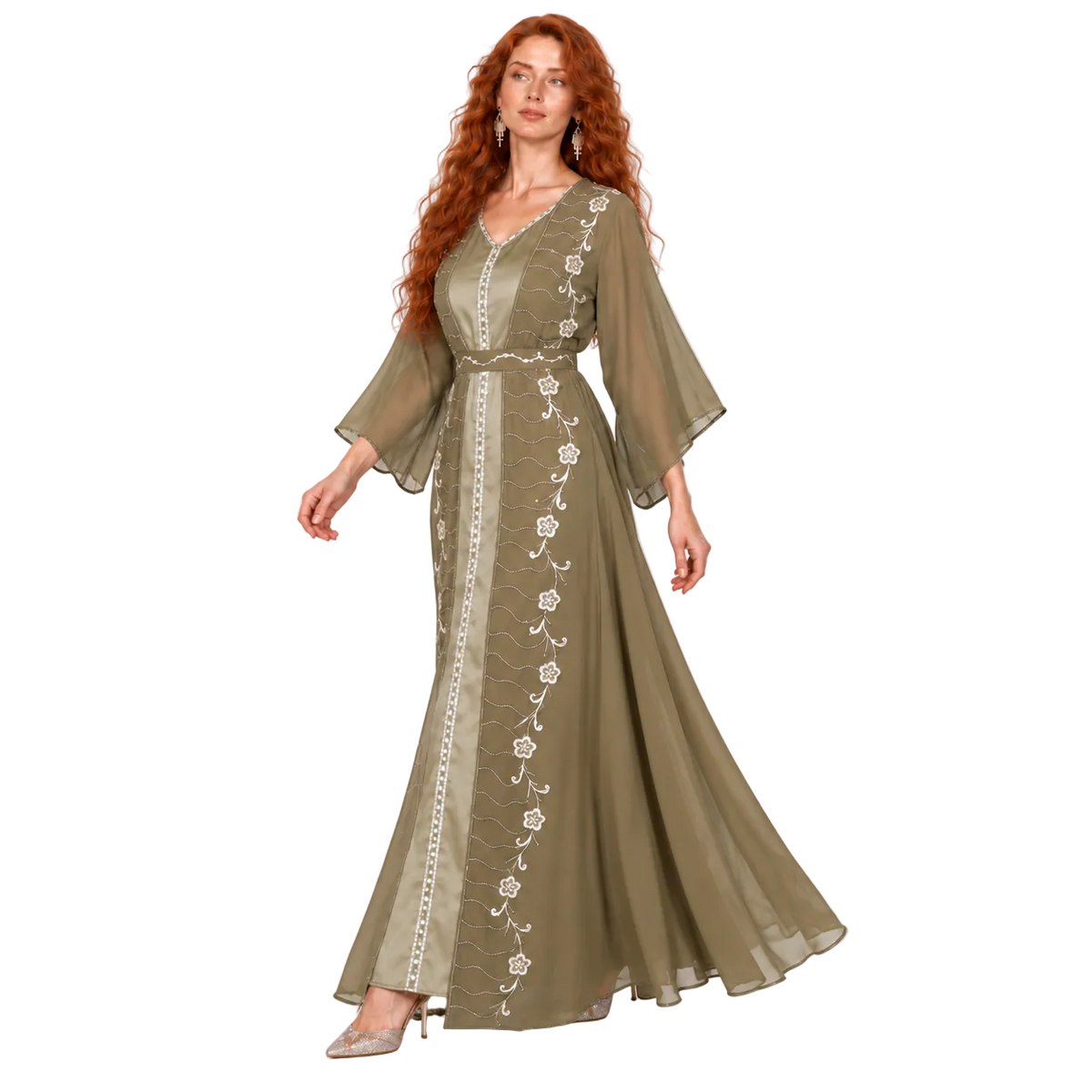 Elegant Khaki Floral Embroidered Kaftan Lebaran-3