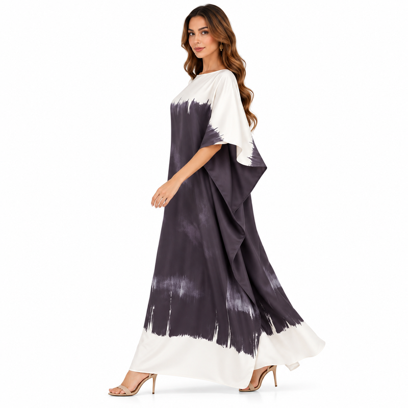 Off White Charcoal Brushstroke Kaftan Dress-2