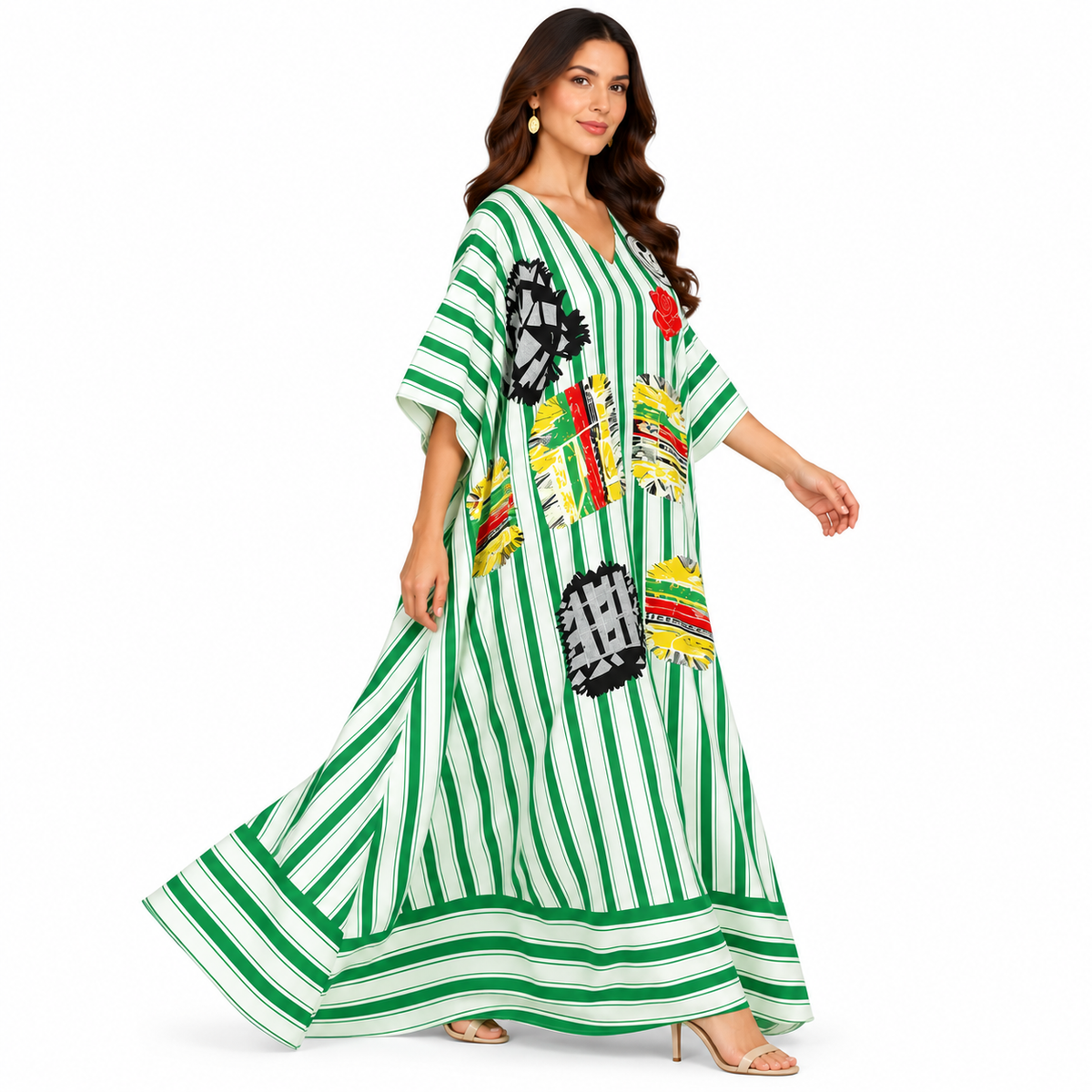 Green White Striped Artistic Women’s Kaftan-2