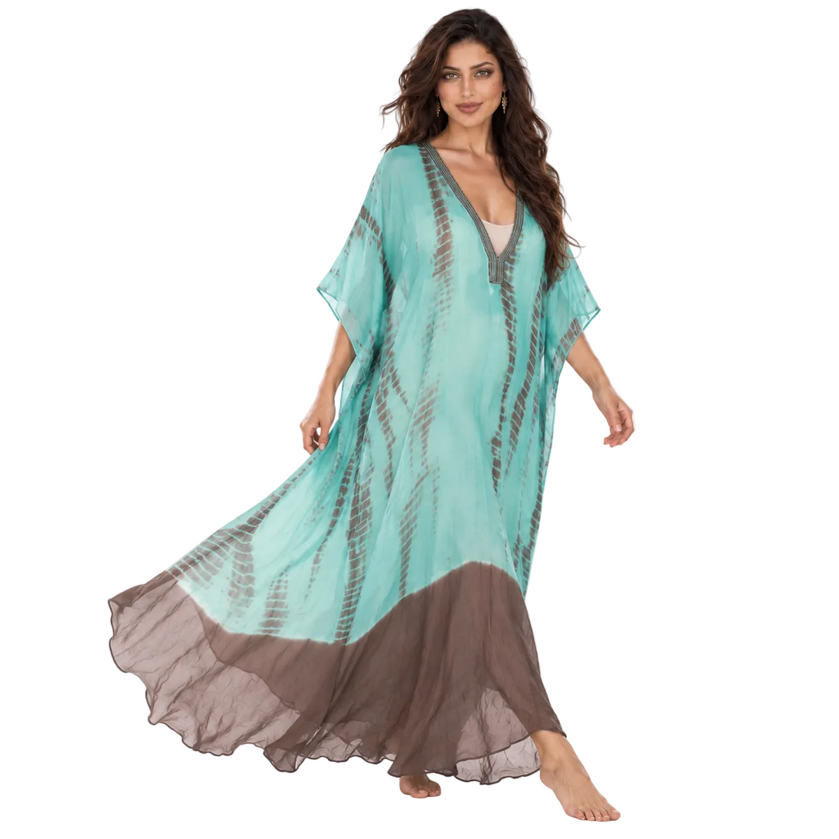 Aqua Brown Tie Dye Flowing Kaftan-3