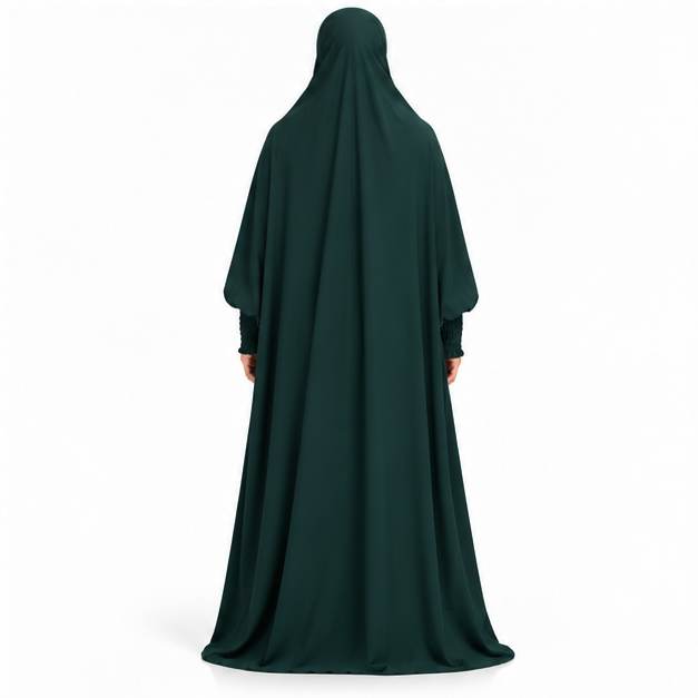 Elegant Dark Green Jilbab With Ruched Sleeves-4