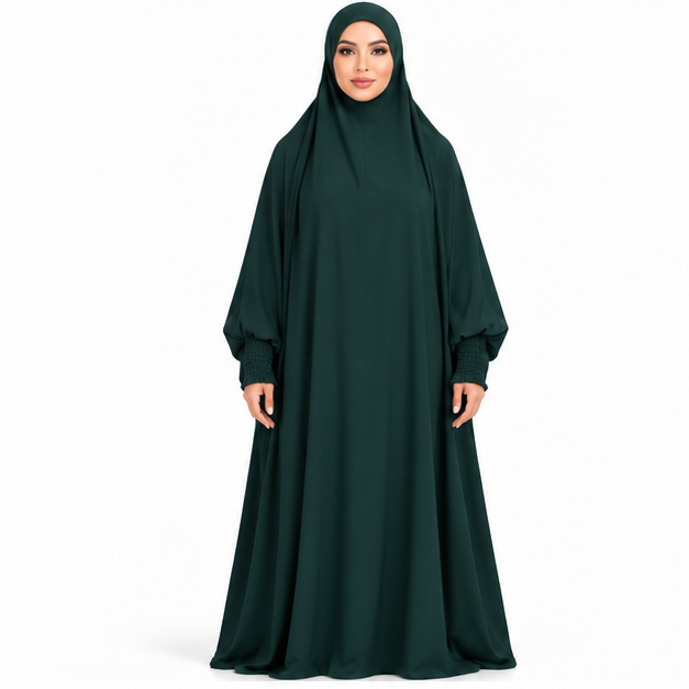 Elegant Dark Green Jilbab With Ruched Sleeves