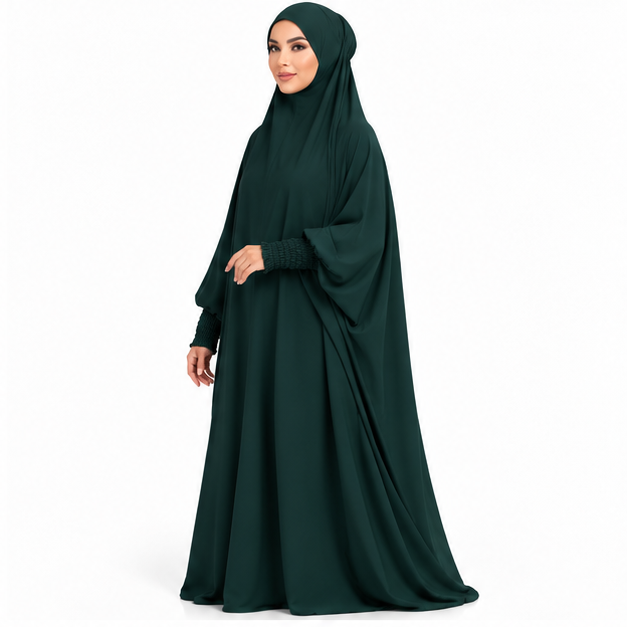 Elegant Dark Green Jilbab With Ruched Sleeves-3