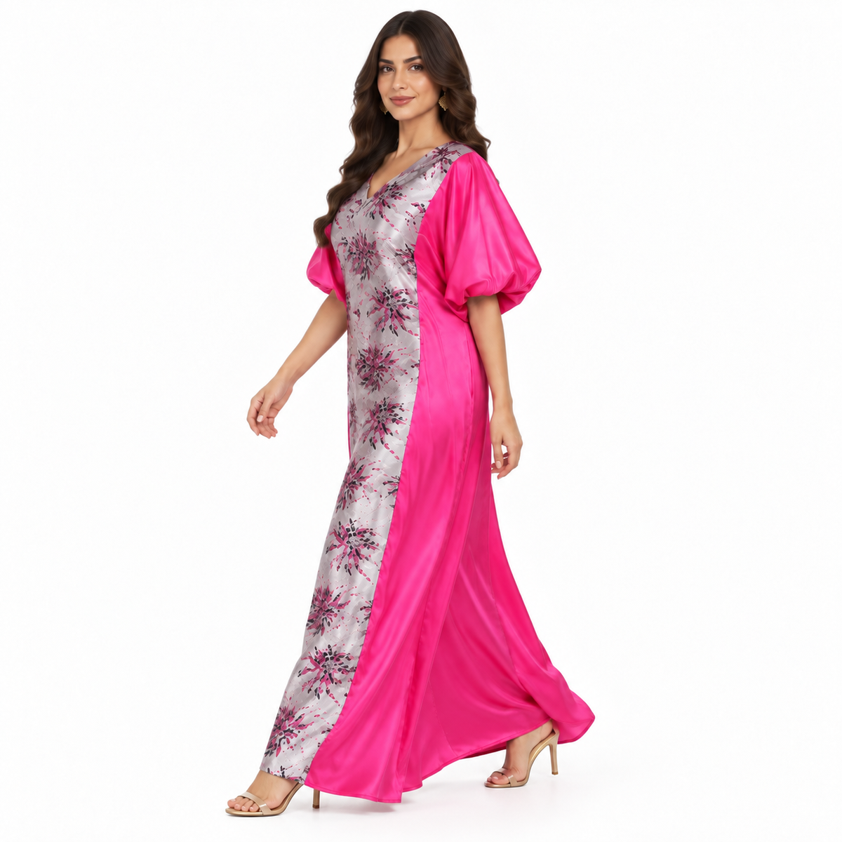 Fuchsia Silver Floral Satin Luxury Kaftan-2