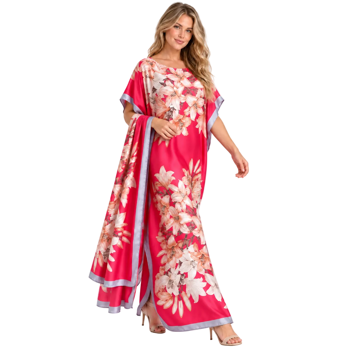 Pink Floral Silk Satin Luxury Kaftan-3
