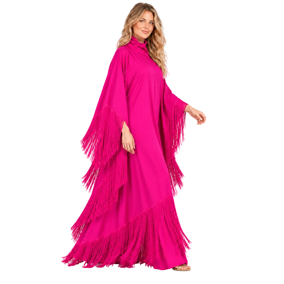 Elegant Rose Pink Fringe Detail Kaftan-3