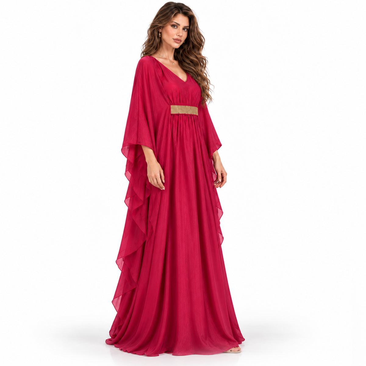 Elegant Fuchsia Gold Belt Flowing Kaftan-3
