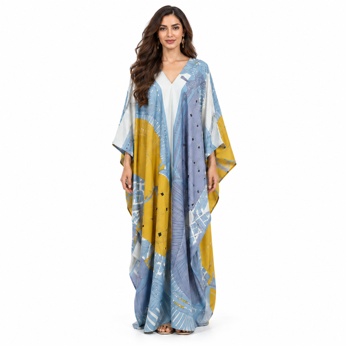 Blue Mustard Geometric Print Flowing Kaftan-1