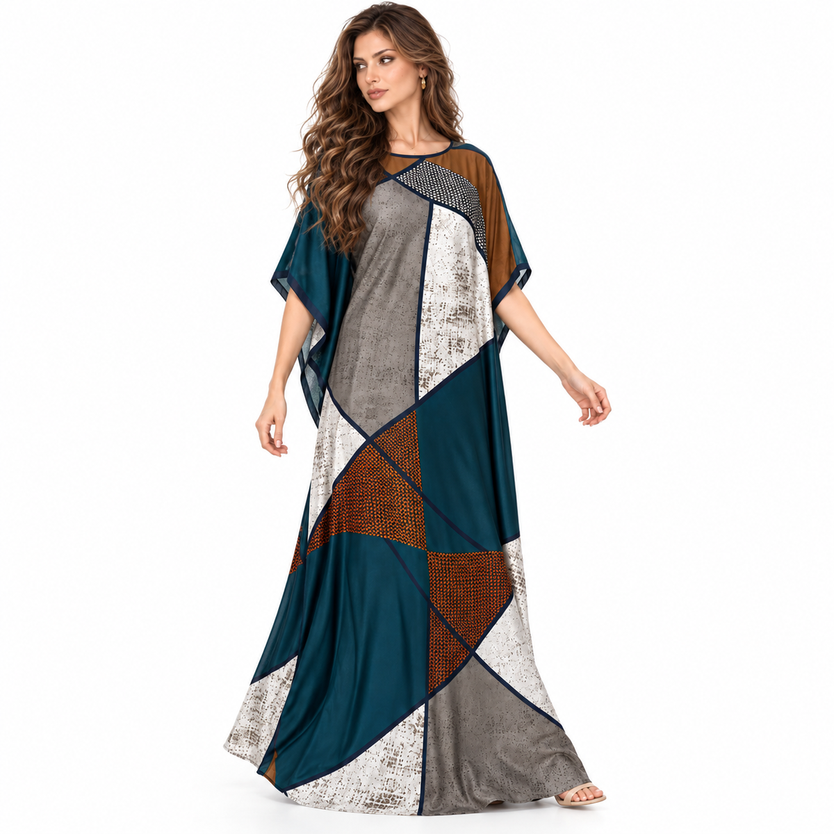 Blue Geometric Patchwork Flowing Elegant Kaftan