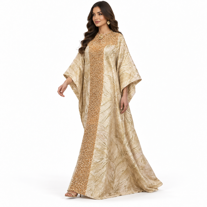 Champagne Gold Embellished Jacquard Luxury Kaftan-2