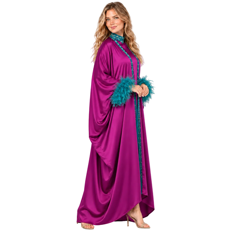 Elegant Purple Satin Teal Feather Kaftan-3