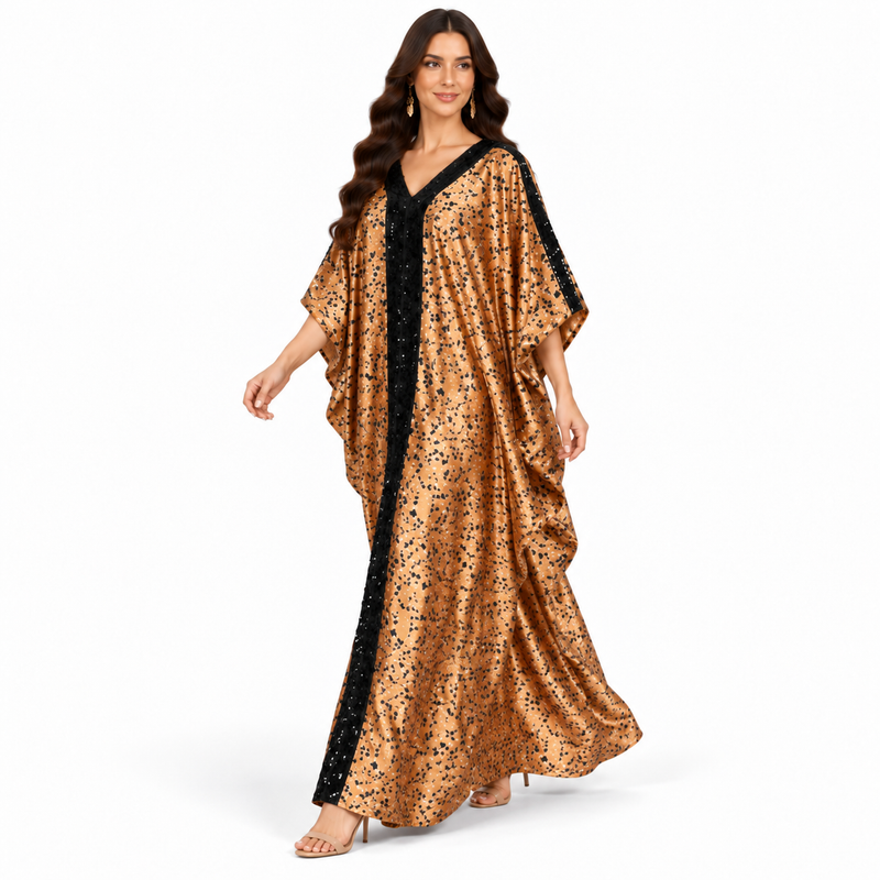 Brown Black Printed Satin Kaftan Dress-3