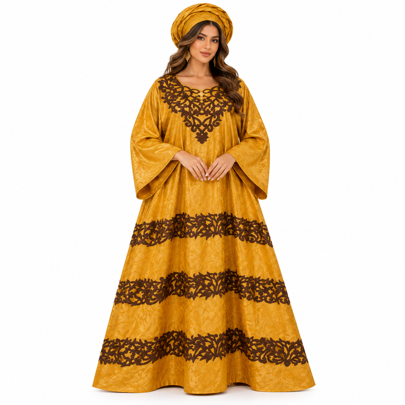 Mustard Gold Brown Embroidered Women’s Kaftan-1