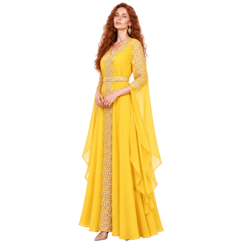 Elegant Yellow Gold Embroidered Luxury Kaftan-3
