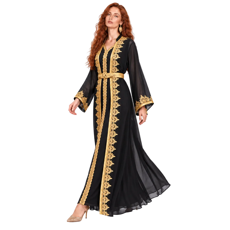 Elegant Black Gold Embroidered Lebaran Kaftan-2