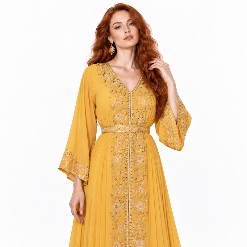Mustard Yellow Gold Embroidered Kaftan Lebaran-4