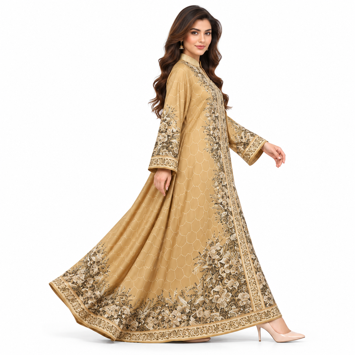 Elegant Apricot Embroidered Pakistani Kaftan Dress-3