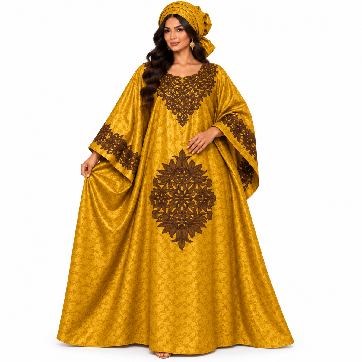 Mustard Brown Embroidered Moroccan Luxury Kaftan-1