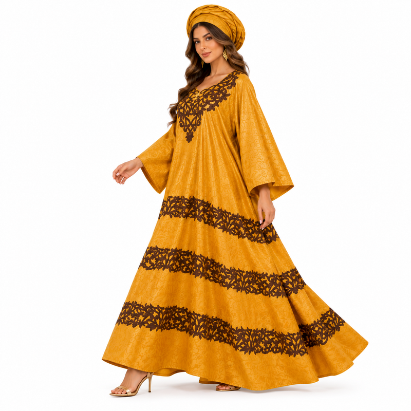 Mustard Gold Brown Embroidered Women’s Kaftan-2